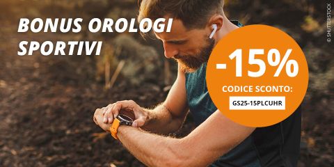 Una donna e un uomo in abbigliamento sportivo corrono all'aperto sui gradini. Il testo recita: "BONUS OROLOGI SPORTIVI -15% CODICE SCONTO: GS25-15PLCUHR".