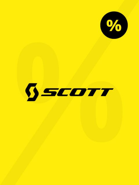 Sfondo giallo con la parola nera "Scott" e un logo "S" stilizzato. Sullo sfondo si intravede debolmente un grande simbolo di percentuale, nell'angolo in alto a destra c'è un simbolo di percentuale nero più piccolo in un cerchio nero.