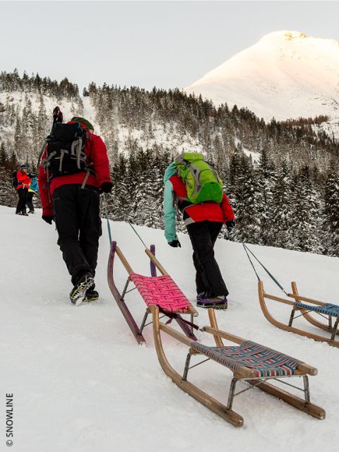 Due persone in abbigliamento invernale trainano una slitta di legno su una collina innevata, con alberi e una cima di montagna illuminata dal sole sullo sfondo. In lontananza si possono vedere altre persone.