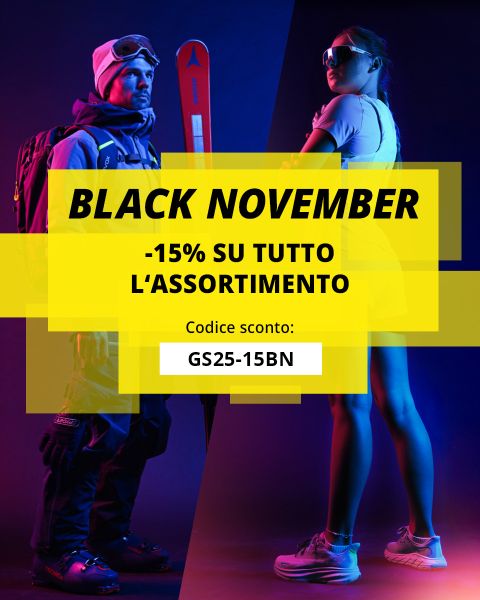 Due atleti, uno sciatore in abbigliamento invernale con gli sci sulla sinistra e una donna in abbigliamento sportivo con occhiali da sole sulla destra, si fronteggiano. Banner gialli pubblicizzano uno sconto del Black November del 15% con il codice GS25-15BN in italiano.