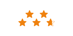 Cinque stelle arancioni sono disposte in fila, con l'ultima stella parzialmente vuota, indicando una valutazione di 4,5 su 5.