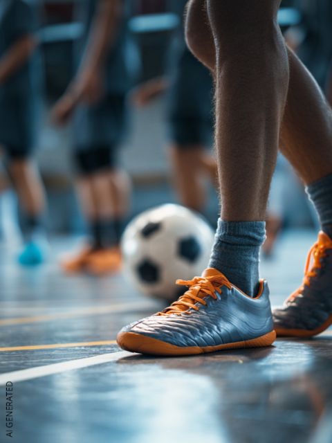 Primo piano di una persona con scarpe da calcio grigie e arancioni in piedi vicino a un pallone da calcio su un campo al coperto, con giocatori sfocati sullo sfondo.