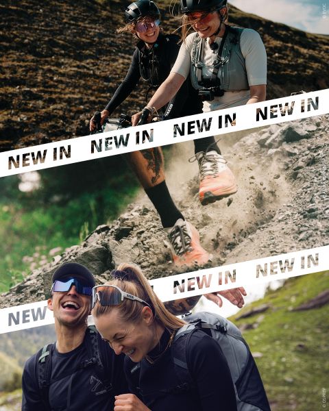 Tre foto: ciclisti sorridenti, un primo piano di scarpe da trail running e due escursionisti che ridono all'aperto, ciascuna con la scritta „NEW IN“ sopra l'immagine.